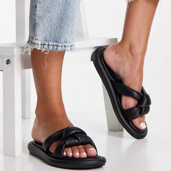 Topshop Black Knotted Slide Sandals | Comfy Minimalist Flats 7.5 - Picture 1 of 8